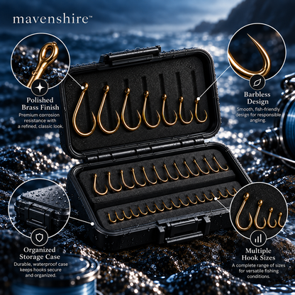 𝒎𝒂𝒗𝒆𝒏𝒔𝒉𝒊𝒓𝒆™ Polished Brass Barbless Fishing Hook Set